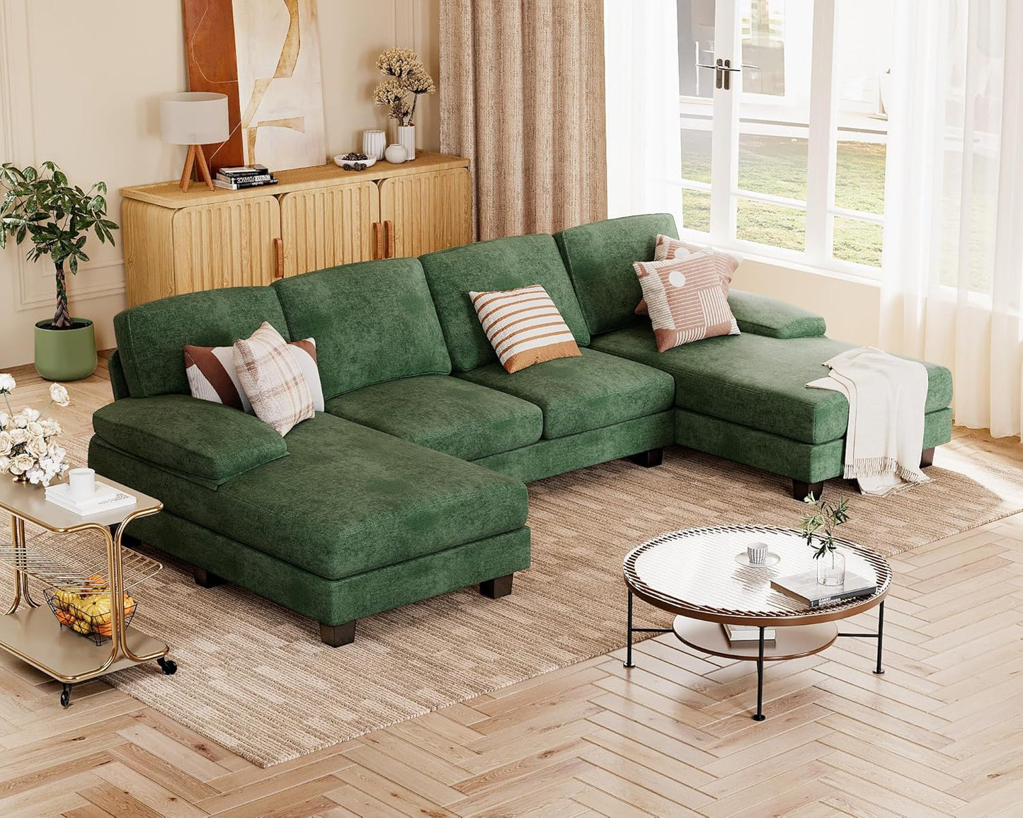 JUMMICO Sectional Couches for Living Room, U Shaped Couch with Chenille Fabric, 4 Seat Modern Sofa with Removable Pillows for Apartment and Small Space (Fabric, Grey)
