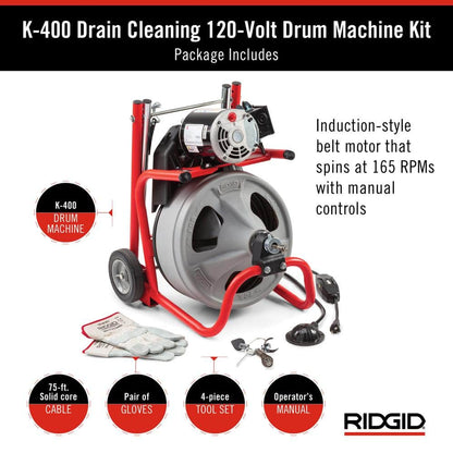 K 400 Drain Cleaning Snake Auger 120 Volt Drum Machine with C 32IW 3/8 in. x 75 ft. Cable 4 Piece Tool Set & Gloves 52363