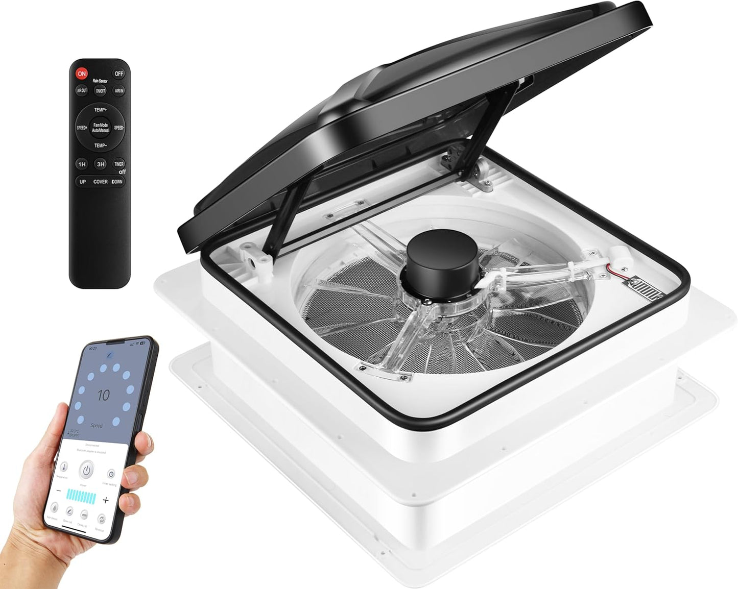 MaxxAir 10 Speed Roof Vent Fan 12V with Thermostat, Rain Sensor, Remote & App Control, 14′′x14′′ Reversible Powered Lift