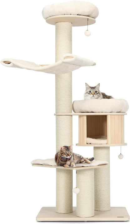 Large cat tree, multi-level tower with sisal posts, hammock, hanging basket and removable washable mats, perfect for large cats