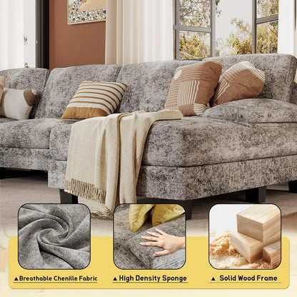 JUMMICO Sectional Couches for Living Room, U Shaped Couch with Chenille Fabric, 4 Seat Modern Sofa with Removable Pillows for Apartment and Small Space (Fabric, Grey)