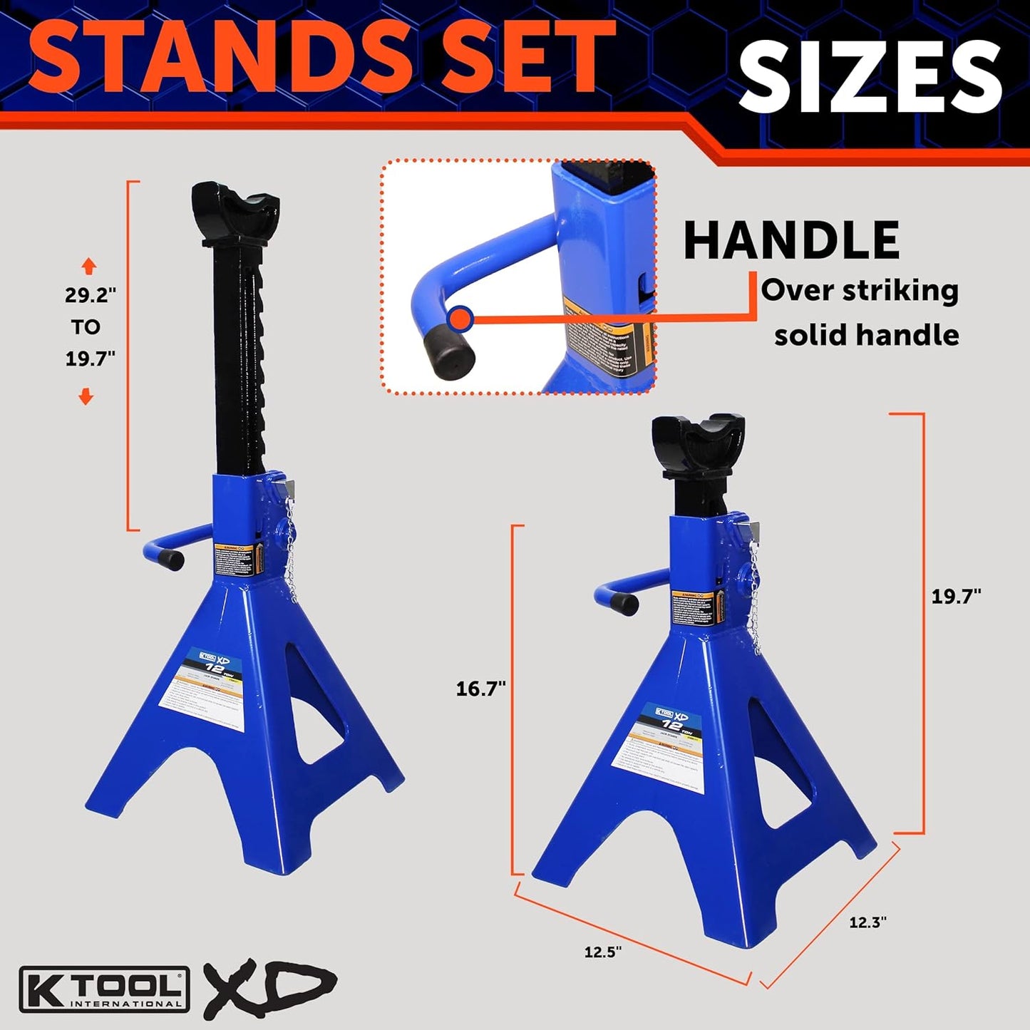 HD61222 22 Ton Automotive Jack Stands for Garages, Repair Shops, and DIY, Pin Style, V Shaped Saddle, Heavy Duty Steel Frame, Adjustable Height 11.825"- 19.725", Black/Blue, Pair