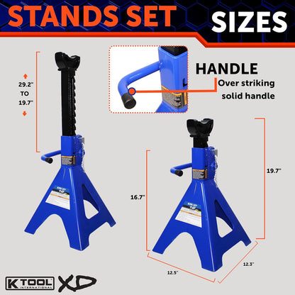 HD61222 22 Ton Automotive Jack Stands for Garages, Repair Shops, and DIY, Pin Style, V Shaped Saddle, Heavy Duty Steel Frame, Adjustable Height 11.825"- 19.725", Black/Blue, Pair