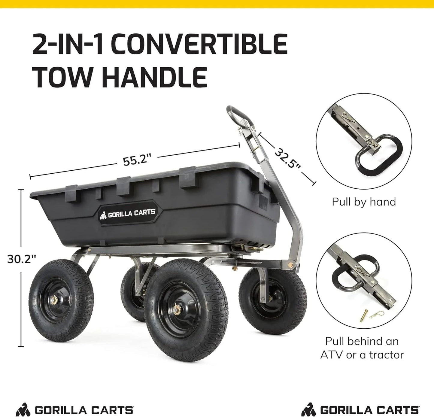 Heavy Duty Poly Utility Dump Wagon Garden Cart w/Pneumatic Tires, 6 Cu Ft - 1200 lb Capacity Outdoor Wheelbarrow for Yard, Landscaping & Gardening, Lawn Tractor or ATV Towable-Gorilla Carts