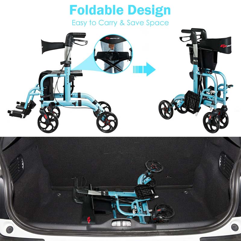 2 In 1 Rollator Walker Wheelchair Folding Medical Walker Aluminum Transport Chair Mobility Walking Aid - Comfortable And Ergonomic Design
