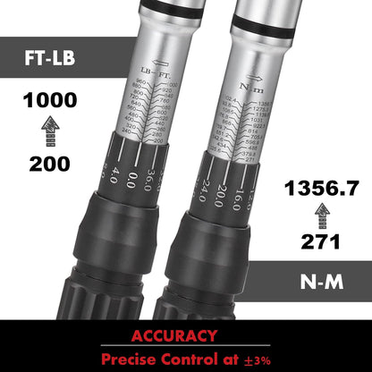 1-Inch Drive Click Torque Wrench, Dual-Scale Adjustable Torque Wrench Set with a Hex Key 200-1000ft.lb / 271-1356.7Nm