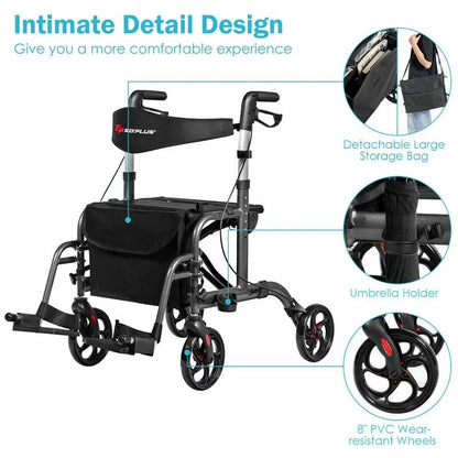 2 In 1 Rollator Walker Wheelchair Folding Medical Walker Aluminum Transport Chair Mobility Walking Aid - Comfortable And Ergonomic Design