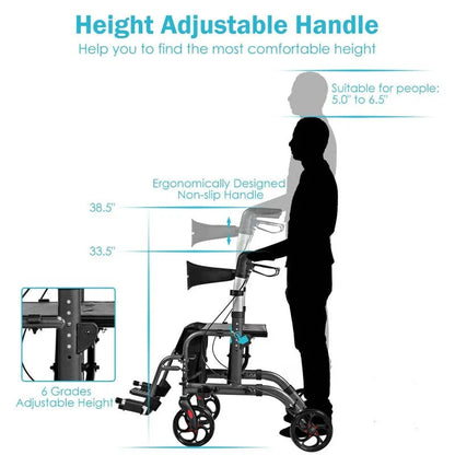 2 In 1 Rollator Walker Wheelchair Folding Medical Walker Aluminum Transport Chair Mobility Walking Aid - Comfortable And Ergonomic Design